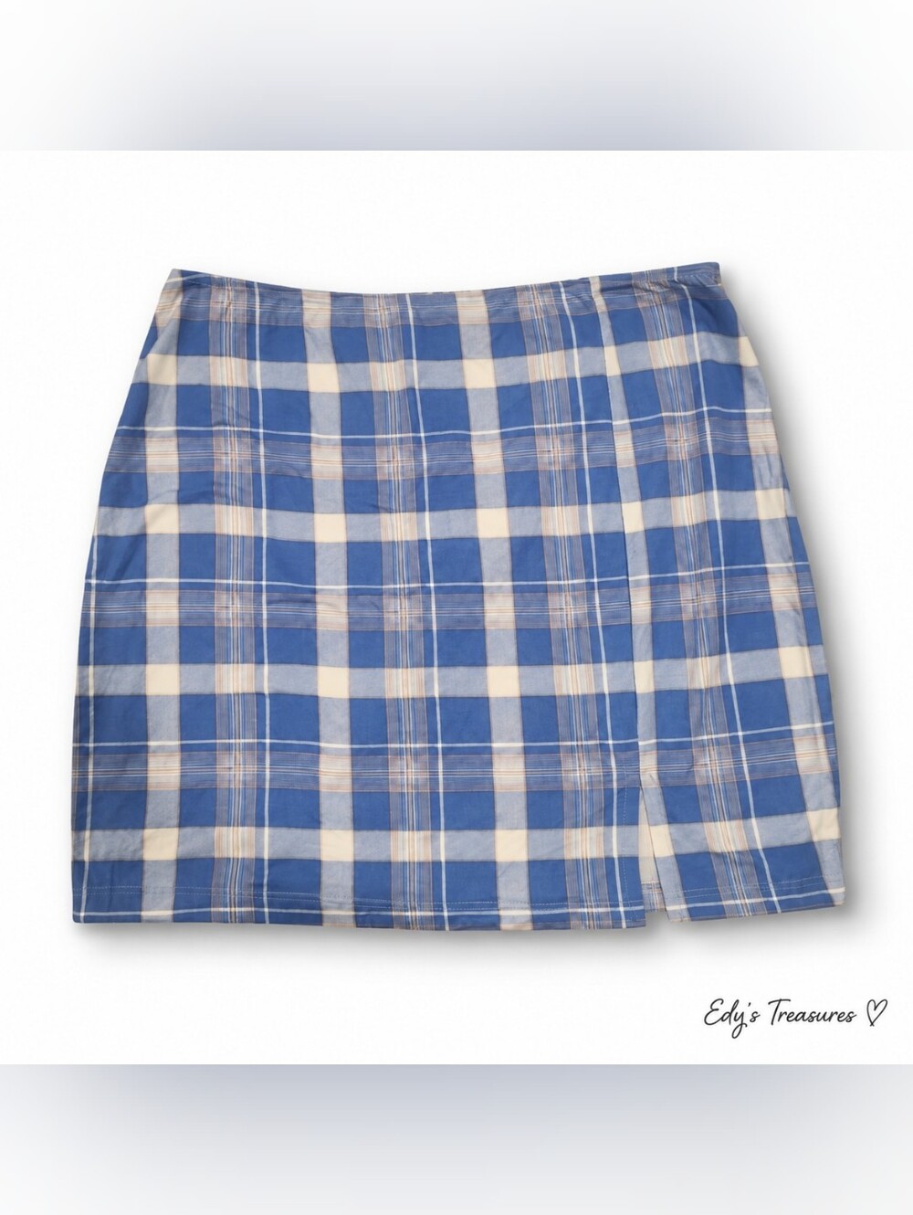 Just Polly Blue Plaid Mini Skirt Front Slit Stretch Waist NWOT